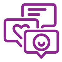 3 speech bubbles - 1 with text lines, 1 with a heart, and 1 with a smiley face to demonstrate cultural participation and recognition.