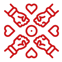 4 hands pointing towards the center with hearts in between to demonstrate social well-being and inclusion